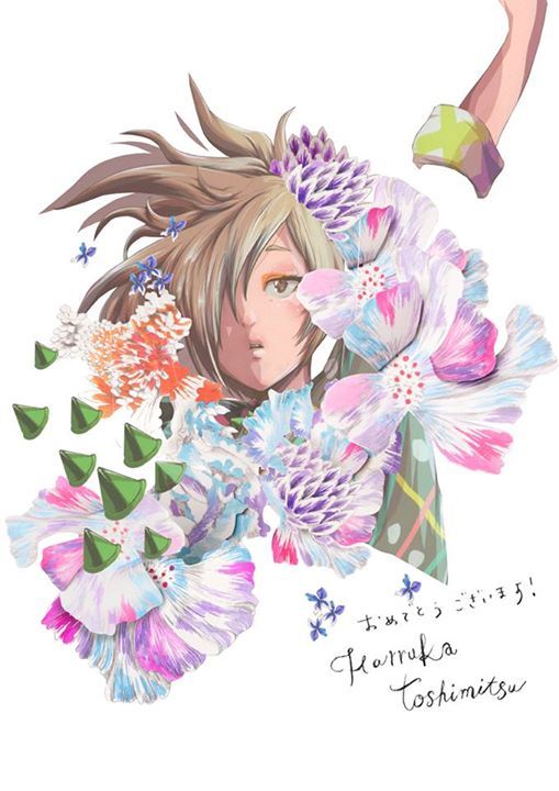 1girl arm_up brown_eyes brown_hair floating_hair flower hair_over_one_eye haruka_toshimitsu illustration.media orange_flower original parted_lips purple_flower signature solo spikes white_flower