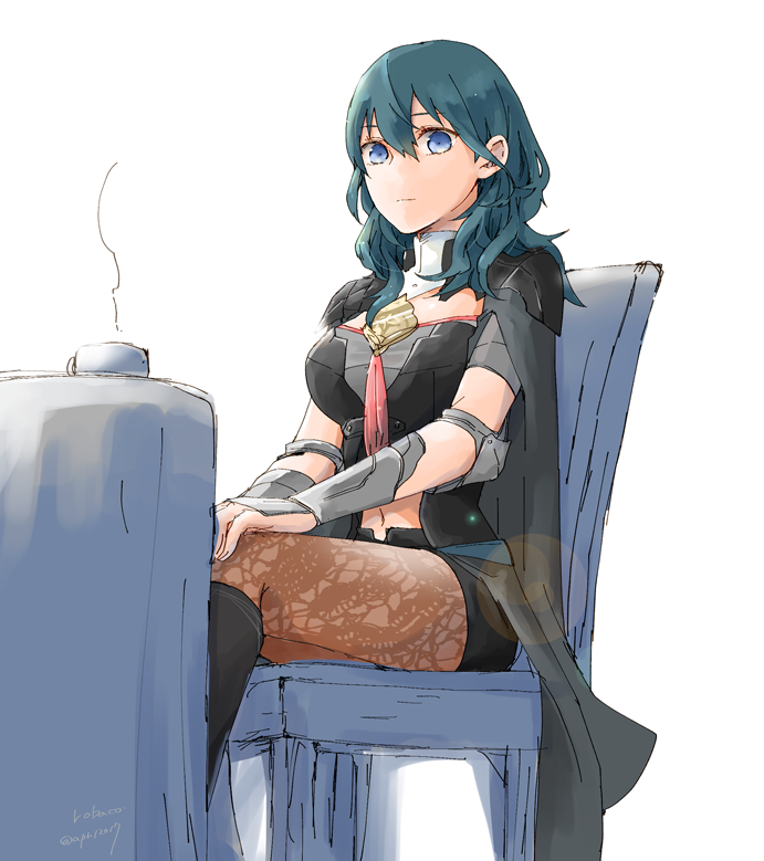 1girl bangs black_footwear black_shorts blue_eyes blue_hair boots brown_legwear byleth_(fire_emblem) byleth_eisner_(female) closed_mouth crop_top cup detached_collar fire_emblem fire_emblem:_three_houses hair_between_eyes hand_on_own_knee knee_boots lens_flare long_hair midriff navel pantyhose robaco shiny shiny_hair short_shorts shorts signature sitting sketch solo stomach teacup white_background
