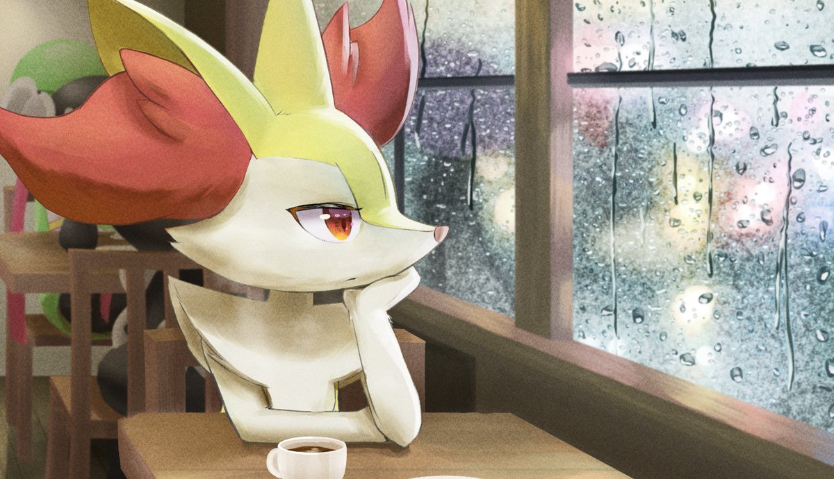 1girl animal_ear_fluff animal_ears animal_nose body_fur braixen chair closed_mouth coffee commentary_request cup drink expressionless flat_chest fox_ears fox_girl fox_heart gen_2_pokemon gen_5_pokemon gen_6_pokemon gothorita hand_up head_rest indoors jpeg_artifacts looking_out_window on_chair pokemon pokemon_(creature) rain red_eyes reflection sitting snout solo_focus steam table teacup two-tone_fur upper_body white_fur window xatu yellow_fur