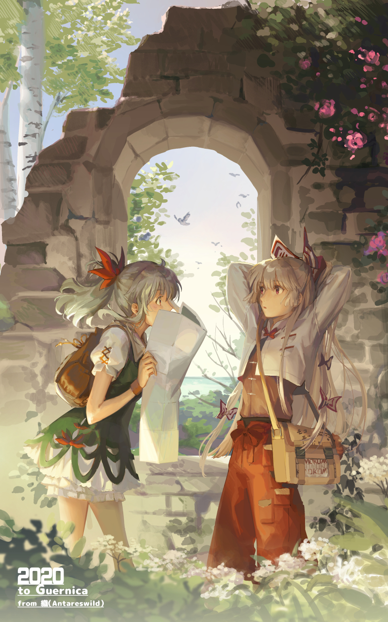 2020 2girls adapted_costume alternate_costume alternate_eye_color alternate_hairstyle backpack bag bangs bird blue_sky blurry bow breast_pocket brown_eyes brown_shirt bush character_name clouds covering_mouth crop_top day depth_of_field dress expressionless flower from_side fujiwara_no_mokou green_dress hair_bow hair_ribbon highres holding holding_map horizon kamishirasawa_keine karaori layered_clothing long_hair long_sleeves looking_at_another map multiple_girls ocean outdoors overgrown pants parted_bangs parted_lips plant pocket ponytail profile puffy_short_sleeves puffy_sleeves red_eyes red_pants red_ribbon ribbon ruins satchel shiny shiny_hair shirt short_dress short_hair_with_long_locks short_sleeves sky sunlight touhou very_long_hair vines white_dress white_shirt window wristband