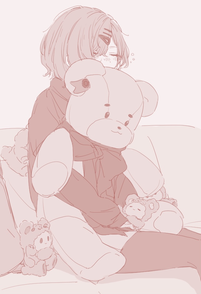 1girl closed_eyes couch greyscale hair_ornament hairclip higuchi_madoka idolmaster idolmaster_shiny_colors monochrome only_norisu short_hair sitting sketch solo stuffed_animal stuffed_toy teddy_bear