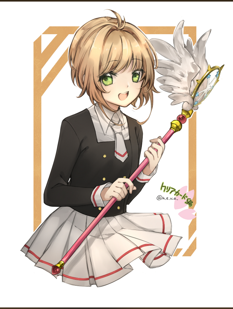 1girl :d antenna_hair bangs black_shirt blonde_hair border cardcaptor_sakura collared_shirt cropped_legs eyebrows_visible_through_hair green_eyes hair_intakes holding holding_staff kinomoto_sakura long_sleeves looking_at_viewer miniskirt necktie neva_(n_e_v_a) open_mouth pleated_skirt school_uniform shiny shiny_hair shirt short_hair short_necktie skirt smile solo staff tomoeda_elementary_school_uniform twitter_username white_border white_neckwear white_skirt wing_collar