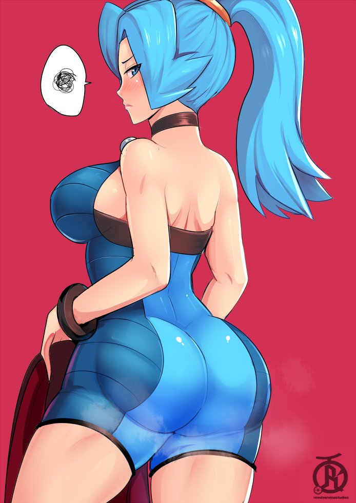 1girl ass blue_bodysuit blue_eyes blush bodysuit bracelet breasts brown_choker cape choker clair_(pokemon) closed_mouth commentary english_commentary from_behind gym_leader hair_tie holding holding_cape jewelry light_blue_hair long_hair looking_back pokemon pokemon_(game) pokemon_hgss ponytail revolverwing shoulder_blades solo spoken_squiggle squiggle steam tied_hair watermark