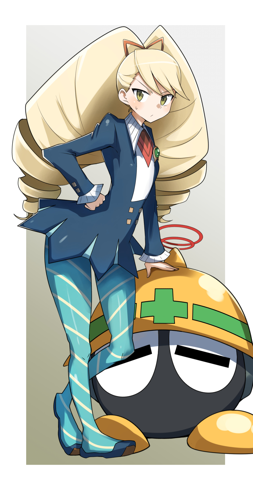 1girl big_hair blonde_hair blue_legwear closed_mouth drill_hair full_body gin_moku hand_on_hip highres long_hair luna_platz_(mega_man) mega_man_(series) mega_man_star_force met_(mega_man) necktie pantyhose ribbon simple_background striped striped_legwear sweatdrop twin_drills twintails yellow_eyes