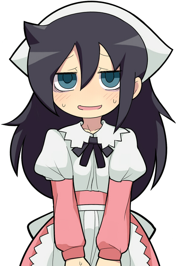 apron bags_under_eyes black_hair black_ribbon blush green_eyes hospital_king kuroki_tomoko long_hair maid maid_apron maid_headdress messy_hair ribbon simple_background sweat watashi_ga_motenai_no_wa_dou_kangaetemo_omaera_ga_warui! white_background