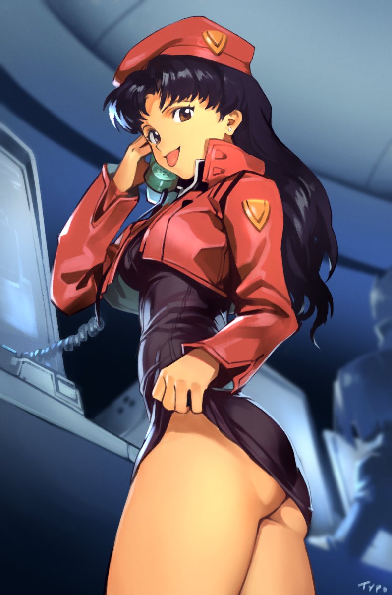 1girl :p aoba_shigeru ass bangs beret black_dress breasts brown_eyes cropped_jacket dress dress_lift earrings hat highres jacket jewelry katsuragi_misato large_breasts lifted_by_self long_hair long_sleeves looking_at_viewer neon_genesis_evangelion optionaltypo parted_bangs phone purple_hair red_jacket shiny shiny_hair solo_focus thighs tongue tongue_out