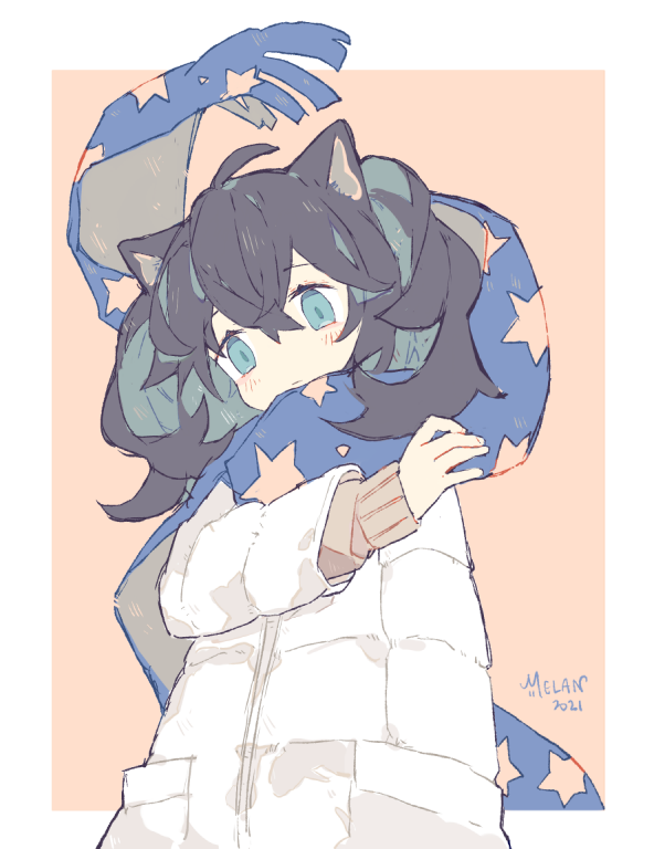 1girl ahoge animal_ears bangs black_hair blue_eyes blue_hair blue_scarf closed_mouth coat dated eyebrows_visible_through_hair long_hair long_sleeves melanbread multicolored_hair original scarf signature simple_background solo star_(symbol) star_print two-tone_background white_coat