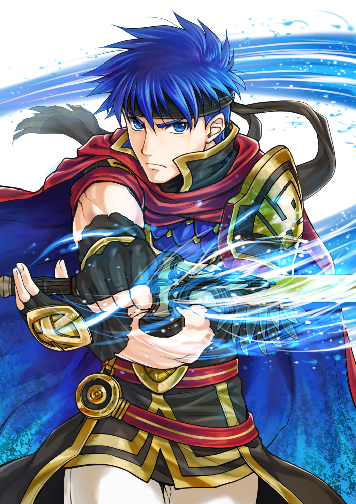 1boy black_gloves black_headband blue_eyes blue_hair cape closed_mouth cowboy_shot fingerless_gloves fire_emblem fire_emblem:_path_of_radiance frown gloves headband holding holding_sword holding_weapon ike_(fire_emblem) looking_at_viewer male_focus pants shiny shiny_hair short_hair solo soyo2106 sword weapon white_pants