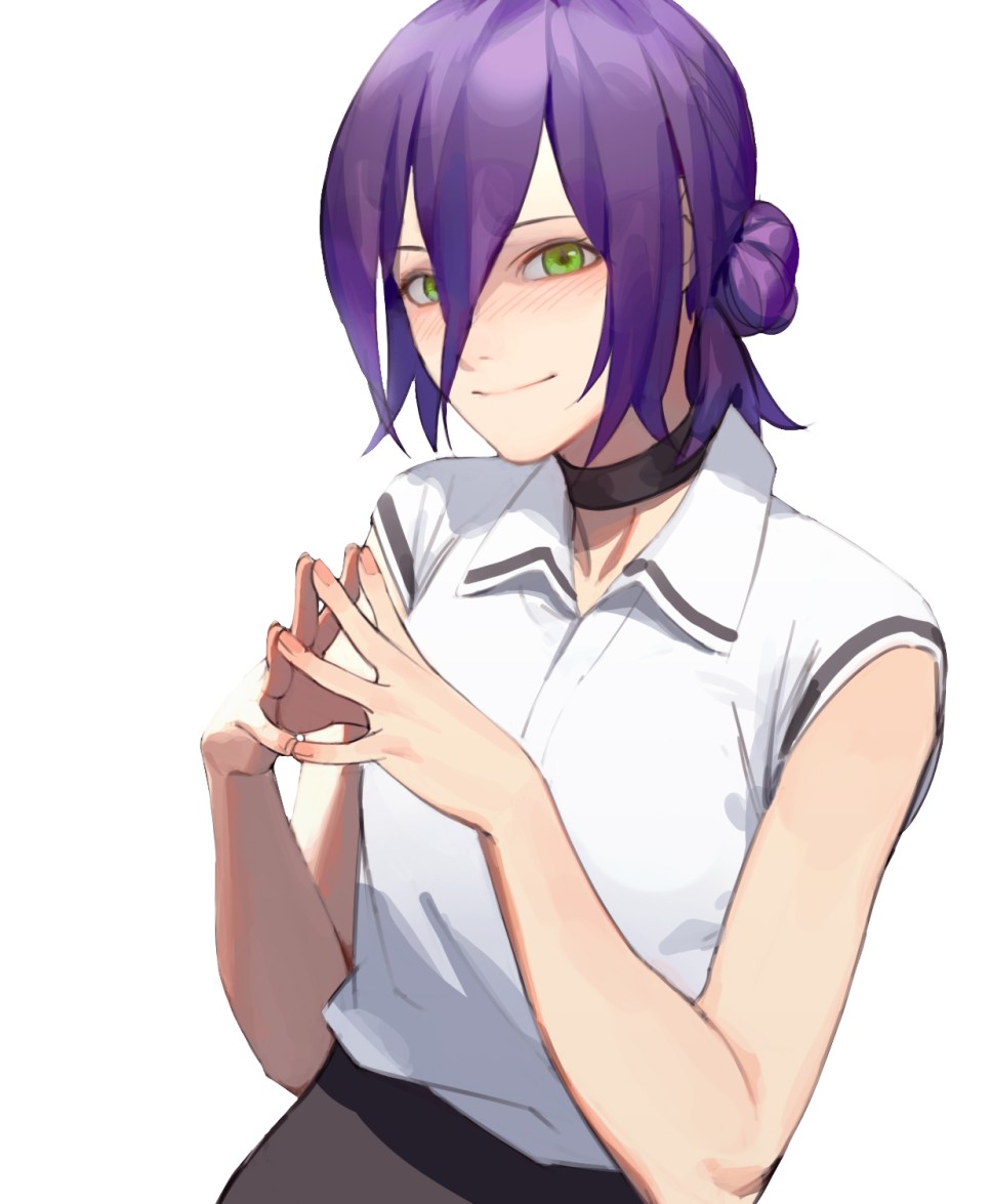 1girl black_choker blush breasts chainsaw_man choker closed_mouth collared_shirt commentary fingers_together green_eyes hair_between_eyes hair_bun hands_together looking_at_viewer purple_hair reze_(chainsaw_man) shirt short_hair simple_background sleeveless sleeveless_shirt small_breasts smile solo upper_body white_background white_shirt zhq7041