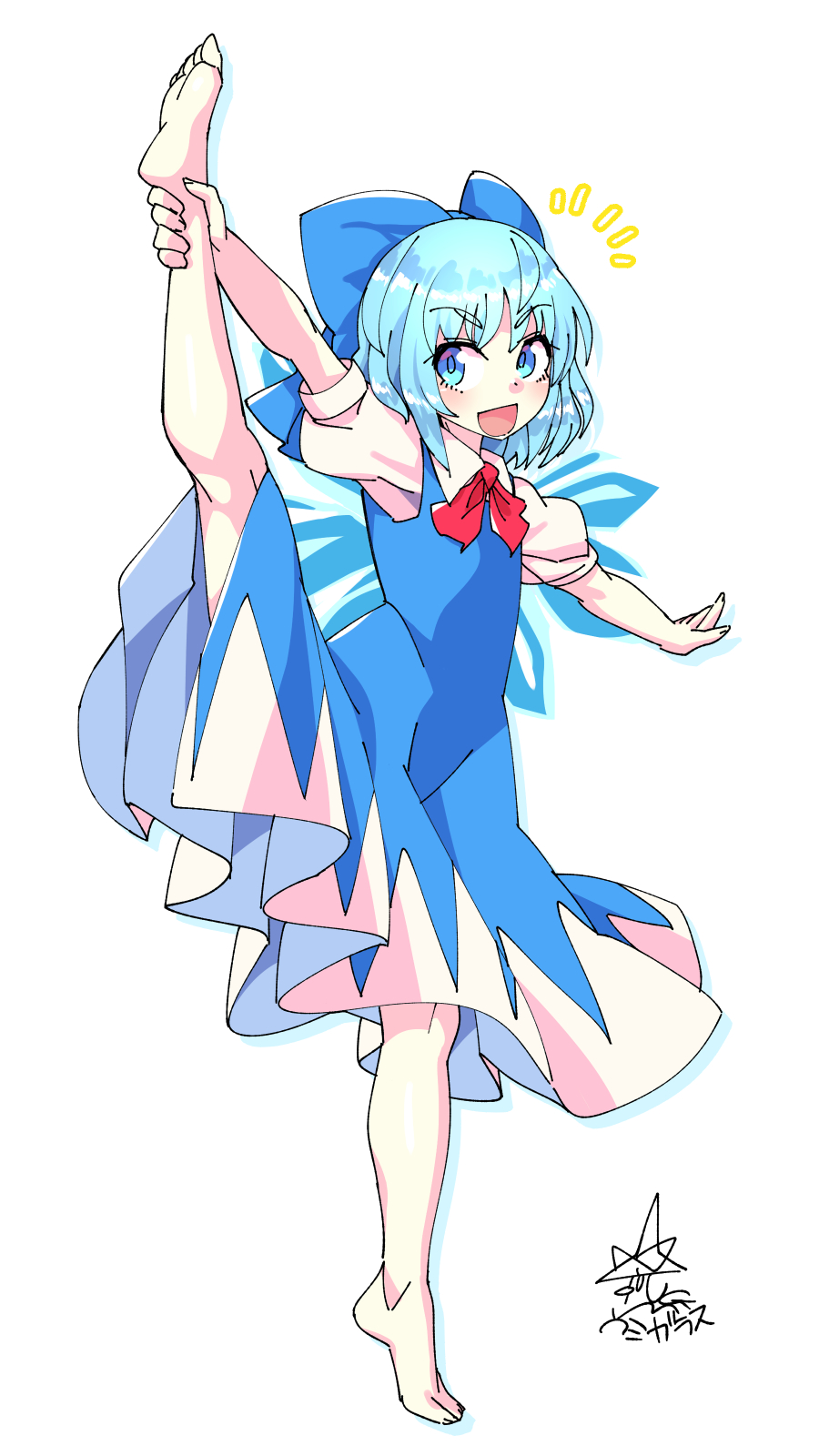 1girl :d ankle_grab bangs barefoot blue_bow blue_dress bow bowtie cirno dress eyebrows_visible_through_hair full_body hair_bow highres ice ice_wings kneepits looking_at_viewer open_mouth red_bow red_neckwear shirt short_hair short_sleeves signature simple_background smile solo split standing standing_on_one_leg standing_split touhou umigarasu_(kitsune1963) white_background white_shirt wings