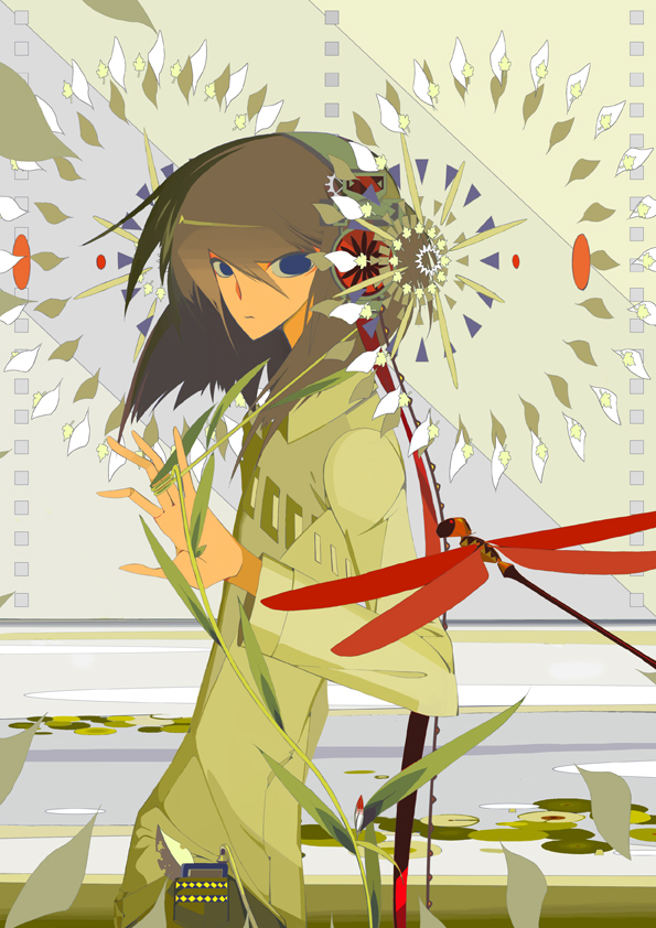 1boy blue_eyes brown_hair bug dragonfly expressionless hair_between_eyes hand_up insect leaf long_hair long_sleeves looking_at_viewer miki_0 original plant shirt solo upper_body white_shirt
