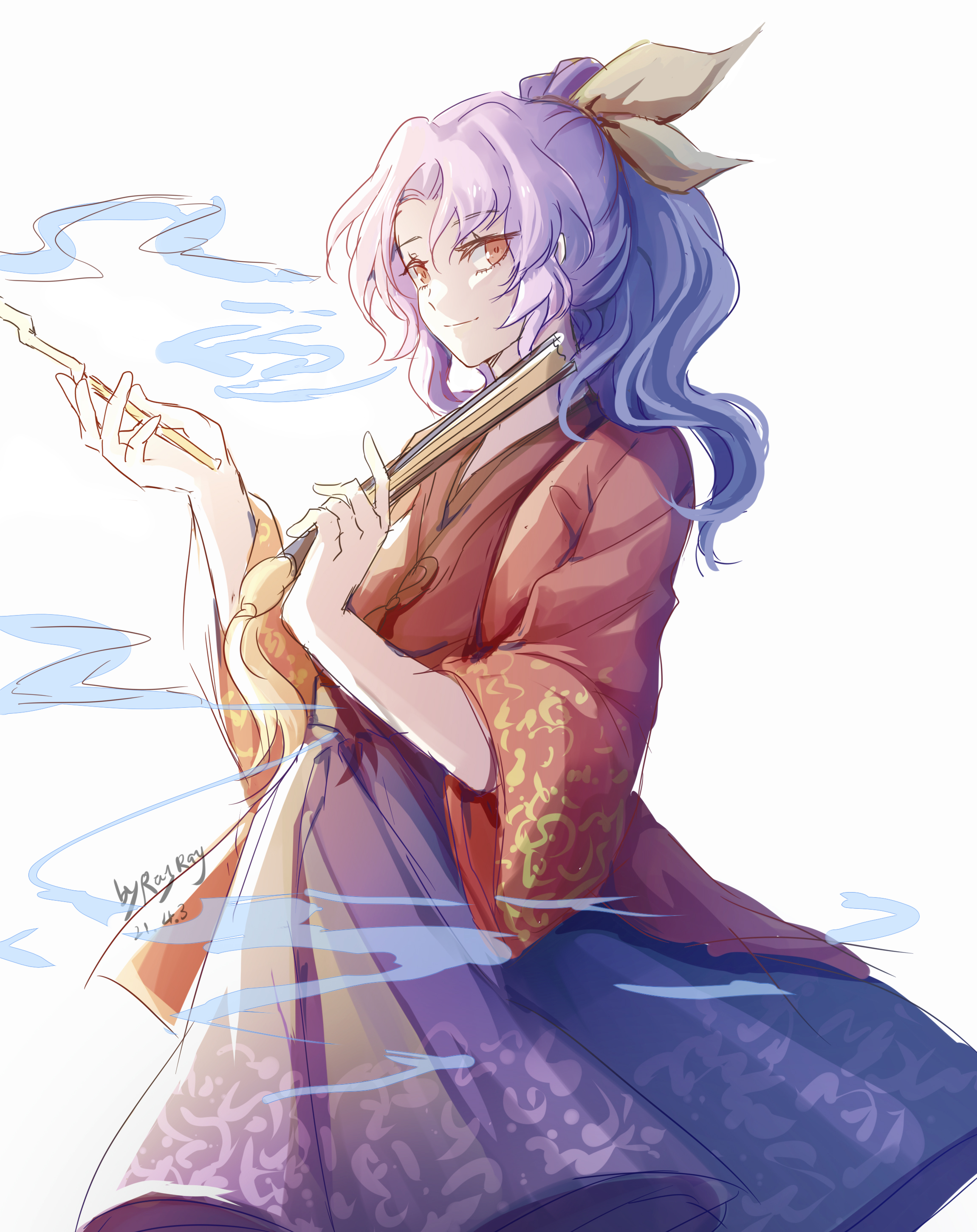 1girl absurdres arms_up artist_name closed_fan commentary_request dated eyebrows_visible_through_hair fan folding_fan from_side hair_ribbon hakama_skirt highres holding holding_fan holding_pipe japanese_clothes kimono komakusa_sannyo looking_at_viewer medium_hair nga_(ray_ray) pipe ponytail purple_hair purple_skirt red_eyes red_kimono ribbon sideways_glance simple_background sketch skirt smile smoke solo standing standing_on_one_leg touhou white_background