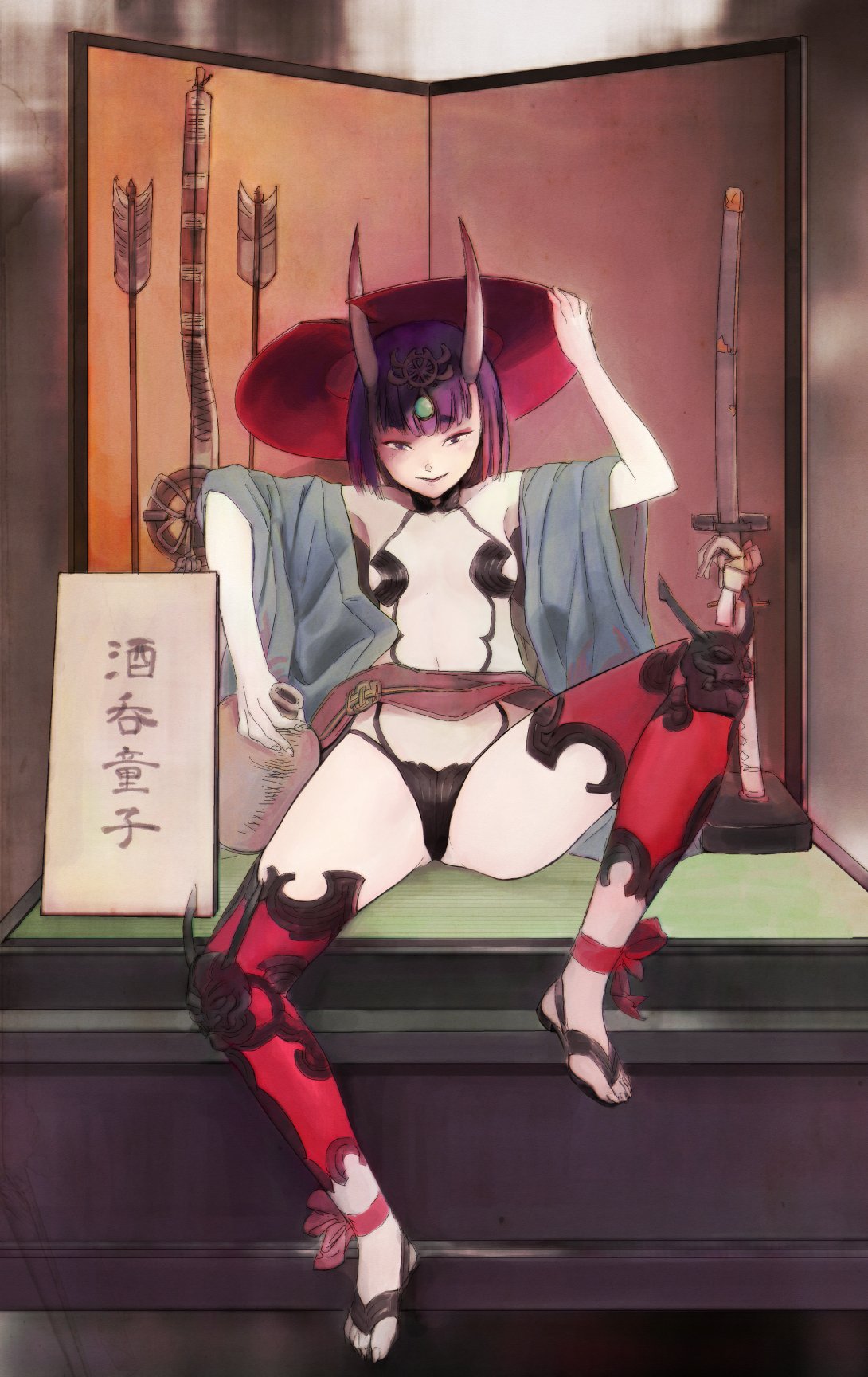 1girl arrow_(projectile) barefoot_sandals bob_cut bottle bow_(weapon) breasts commentary eyeliner fate/grand_order fate_(series) hair_ornament hat highres horns jingasa jug knee_pads makeup oni_horns open_clothes open_robe purple_hair red_headwear revealing_clothes robe sake_bottle shuten_douji_(fate) sign sitting skin-covered_horns small_breasts solo spread_legs sword translated uzuki_noboru_(denchuu_shoujo) weapon