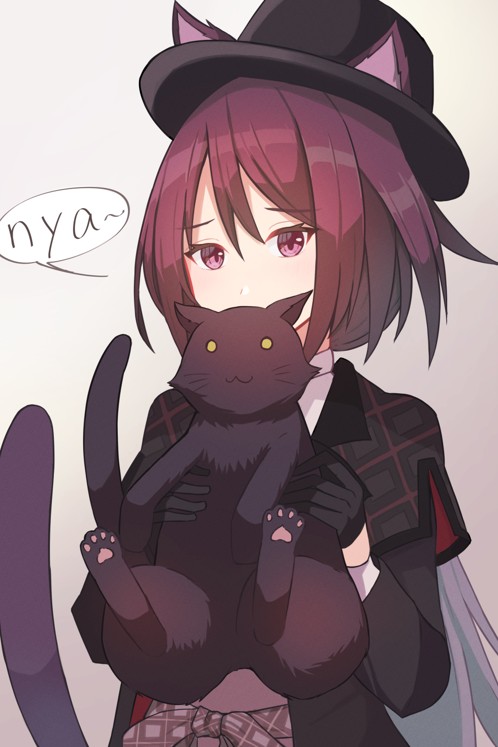 1girl :3 animal animal_ears arknights belt black_cat black_gloves black_headwear black_jacket breasts cat cat_ears cat_girl cat_tail commentary_request ears_through_headwear gloves hair_between_eyes half_gloves hat highres holding holding_animal holding_cat jacket long_hair long_sleeves looking_at_viewer medium_breasts melantha_(arknights) melantha_(letters_from_wessex)_(arknights) nyan official_alternate_costume open_clothes open_jacket plaid purple_hair sanukiske shirt solo speech_bubble tail top_hat undershirt upper_body violet_eyes white_shirt