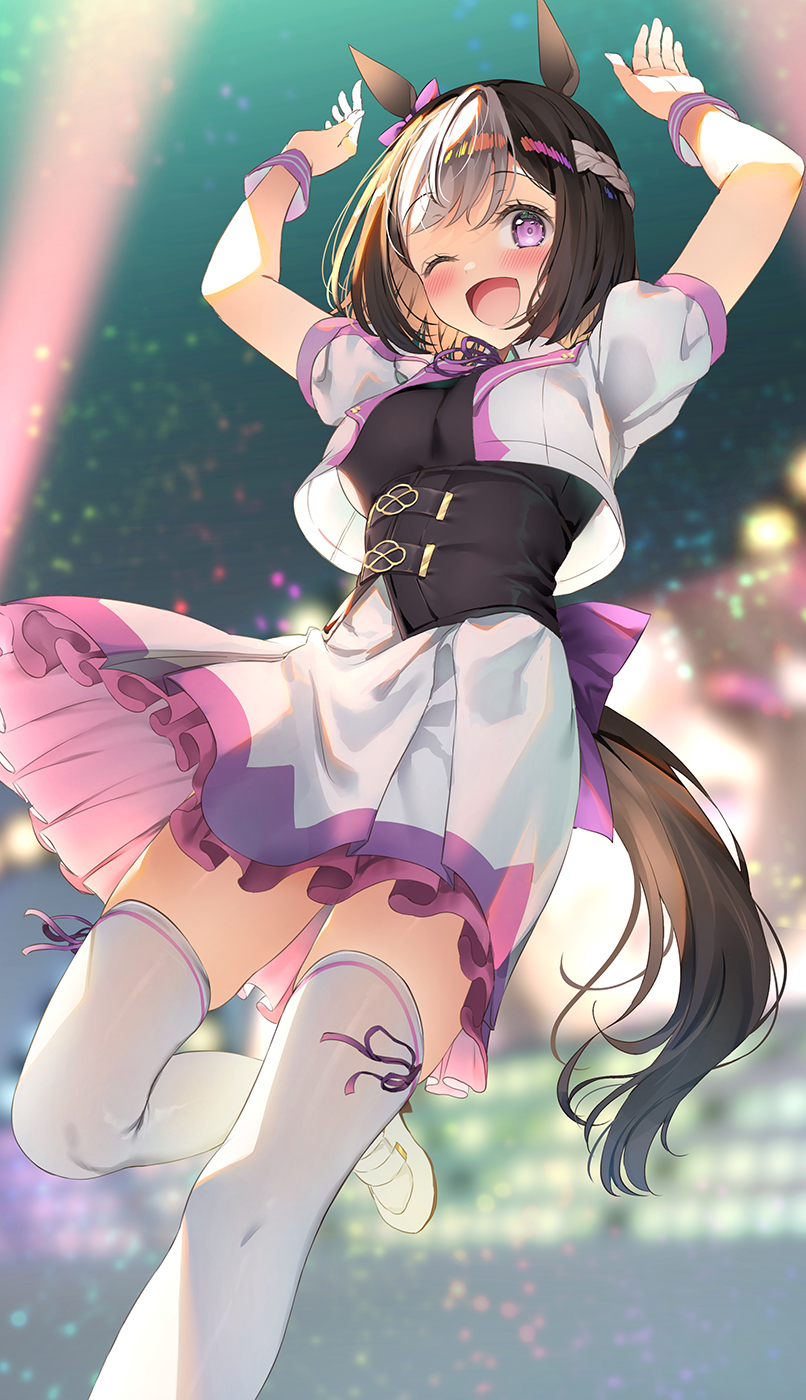 1girl ;d animal_ears arms_up asahina_hikage black_hair breasts commentary_request ear_ribbon eyebrows_visible_through_hair highres horse_ears horse_girl horse_tail looking_at_viewer medium_breasts multicolored_hair one_eye_closed open_mouth pink_ribbon ribbon short_hair short_sleeves skirt smile solo special_week_(umamusume) standing standing_on_one_leg streaked_hair tail thigh-highs umamusume violet_eyes white_hair white_legwear white_skirt