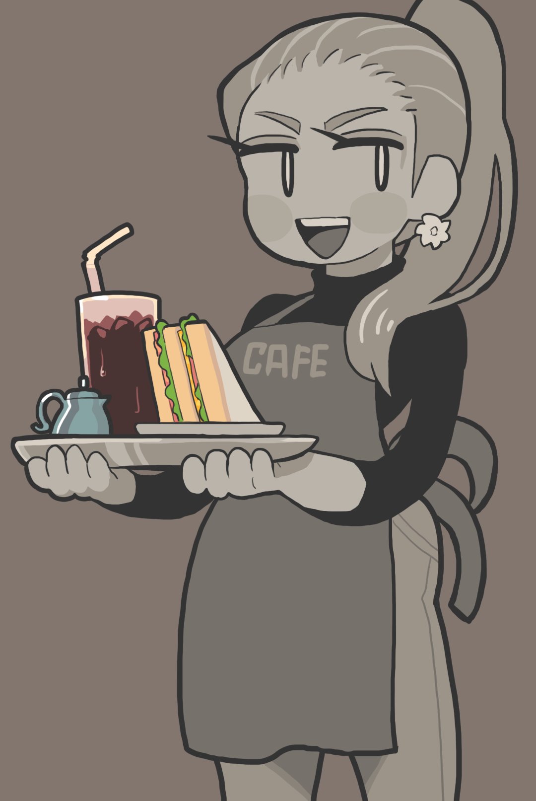 1girl apron black_background black_shirt cup drinking_straw food gashi-gashi highres holding holding_tray long_hair long_sleeves no_nose open_mouth original plate ponytail sandwich shirt simple_background smirk solo spot_color tray