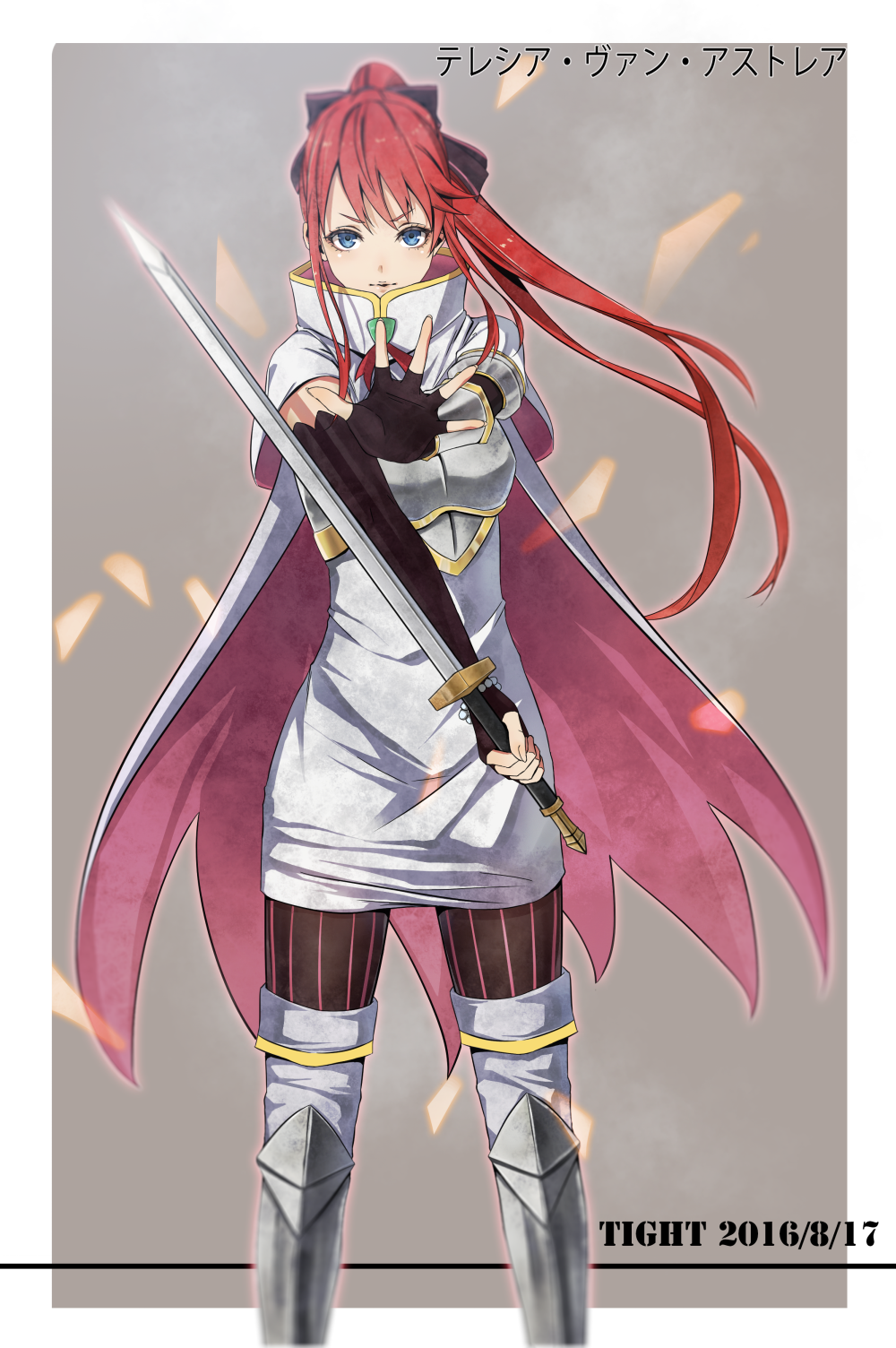 1girl 2016 armor armored_boots black_bow black_gloves black_legwear blue_eyes boots border bow breastplate cape character_name closed_mouth dated dress elbow_gloves fingerless_gloves floating_hair gloves grey_background hair_bow highres holding holding_sword holding_weapon long_hair looking_at_viewer outside_border outstretched_hand pantyhose re:zero_kara_hajimeru_isekai_seikatsu redhead short_dress sleeveless sleeveless_dress solo standing striped striped_legwear sword theresia_van_astrea tight_(ohmygod) v-shaped_eyebrows vertical-striped_legwear vertical_stripes very_long_hair weapon white_border white_dress