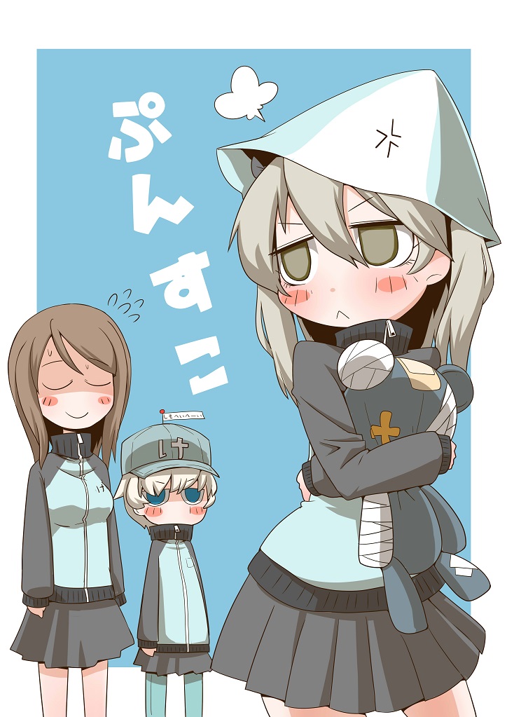 3girls :&lt; =3 anger_vein angry bandages bangs black_ribbon blue_background blue_eyes blue_headwear blue_jacket blue_pants blue_skirt blush_stickers border brown_hair closed_eyes closed_mouth clothes_writing commentary_request cosplay emblem flying_sweatdrops frown fume girls_und_panzer hair_ribbon hat holding holding_stuffed_toy jacket keizoku_military_uniform light_brown_eyes light_brown_hair long_hair long_sleeves looking_at_another looking_at_viewer looking_back mika_(girls_und_panzer) mika_(girls_und_panzer)_(cosplay) military military_uniform miniskirt multiple_girls one_side_up outside_border pants pants_under_skirt partial_commentary pleated_skirt raglan_sleeves ribbon shimada_arisu short_hair silver_hair skirt smile standing stuffed_animal stuffed_toy sweatdrop teddy_bear track_jacket track_pants tulip_hat uniform white_border youko_(girls_und_panzer) zannen_na_hito zipper