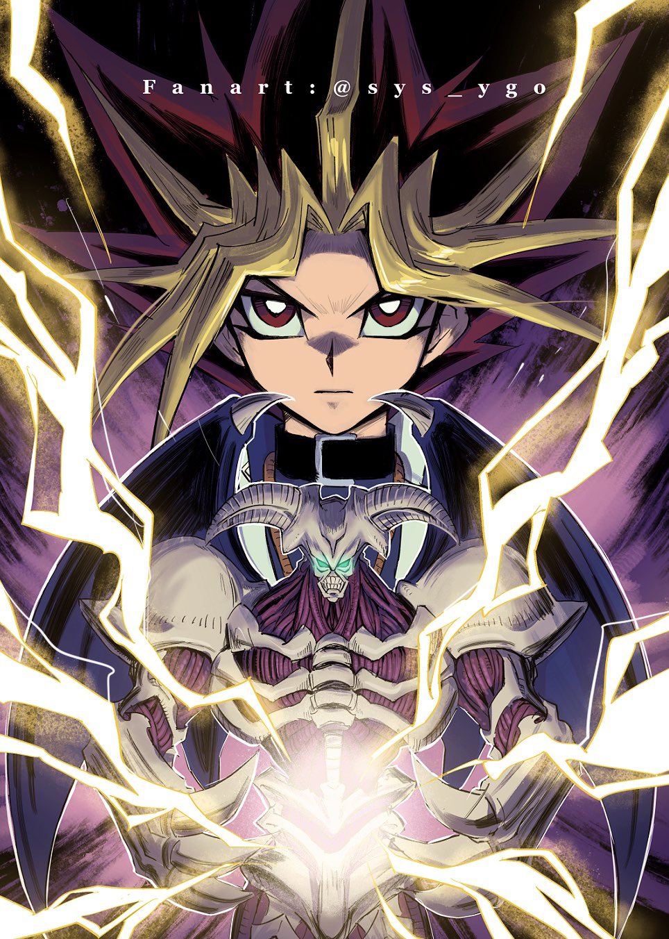 1boy artist_name black_hair blonde_hair bright_pupils closed_mouth collar commentary_request duel_monster energy glowing glowing_eyes green_eyes highres looking_at_viewer male_focus multicolored_hair purple_hair red_eyes soya_(sys_ygo) spiky_hair summoned_skull teeth watermark white_pupils yami_yuugi yu-gi-oh!