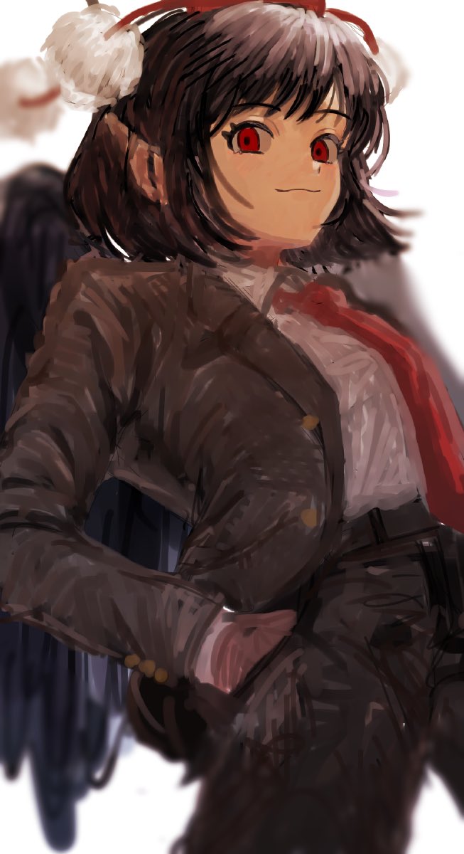 1girl b_nosk101 bangs belt black_wings blurry blurry_background breasts brown_jacket brown_pants closed_mouth cowboy_shot depth_of_field eyebrows_visible_through_hair hands_in_pockets hat highres jacket large_breasts leaning_back legs_apart looking_at_viewer necktie pants pointy_ears pom_pom_(clothes) red_eyes red_headwear shameimaru_aya simple_background smile solo standing tokin_hat touhou white_background wings