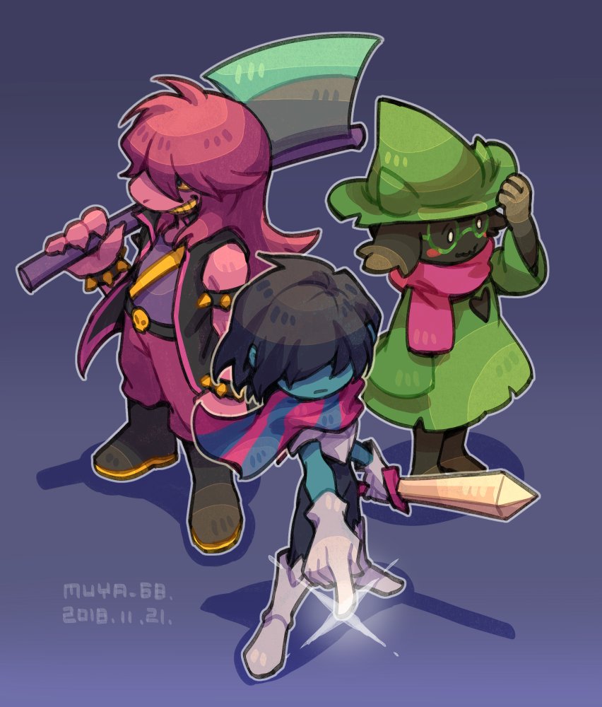 1boy 1girl 1other adjusting_clothes adjusting_headwear axe blue_skin blush_stickers boots bracelet colored_sclera colored_skin dated deltarune fingernails glasses goat_boy gradient gradient_background green_headwear grin hair_over_eyes hat jewelry kris_(deltarune) long_hair pink_hair pink_scarf pointing purple_background ralsei scarf sharp_fingernails sharp_teeth skyloop19 smile spiked_armlet spiked_bracelet spikes standing susie_(deltarune) teeth twitter_username yellow_sclera