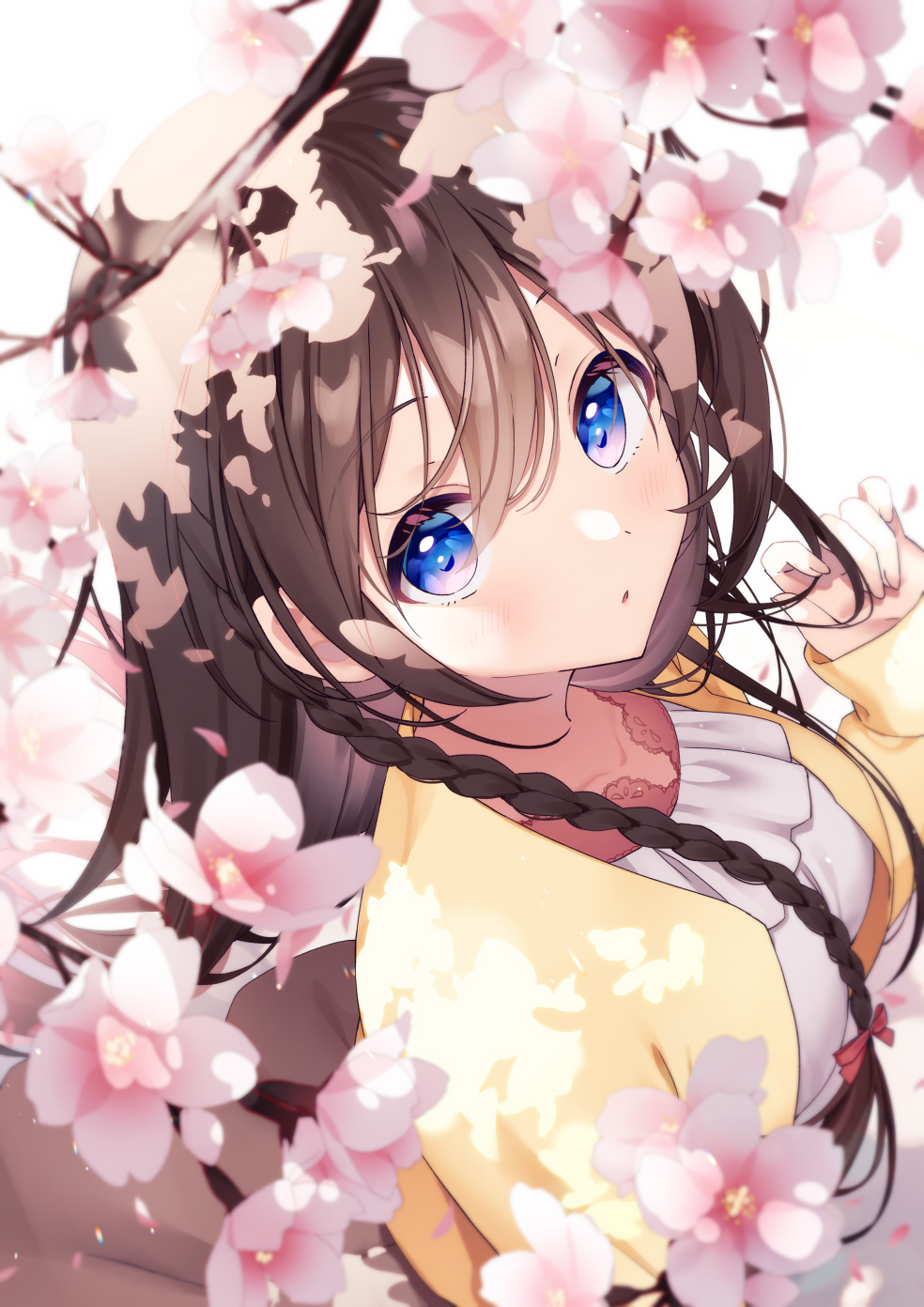 1girl bangs black_hair blue_eyes blush braid cherry_blossoms chestnut_mouth commentary eyebrows_visible_through_hair flower from_above hand_up highres jacket long_hair long_sleeves looking_up muninshiki open_clothes open_jacket original pink_flower playing_with_own_hair shirt sleeves_past_wrists solo symbol_commentary white_shirt yellow_jacket