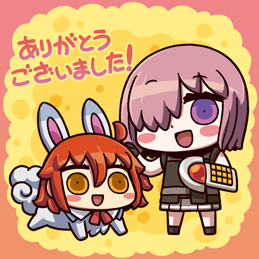 2girls ahoge april_fools black_jacket blush_stickers chibi cosplay eyebrows_visible_through_hair fate/grand_order fate_(series) fou_(fate) fou_(fate)_(cosplay) fujimaru_ritsuka_(female) hair_over_one_eye jacket looking_at_viewer mash_kyrielight multiple_girls orange_eyes orange_hair polar_chaldea_uniform purple_hair riyo_(lyomsnpmp) short_hair smile violet_eyes