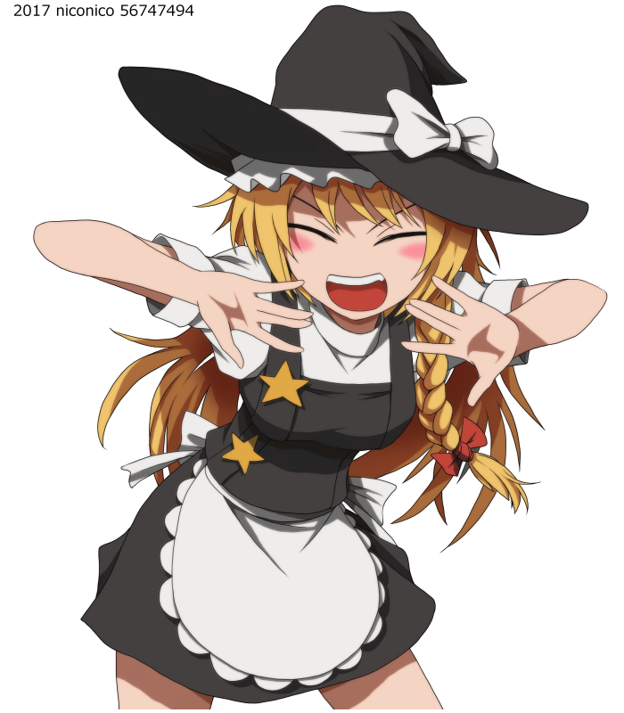 1girl apron bangs black_headwear black_skirt black_vest blonde_hair blouse blush bow braid commentary_request cookie_(touhou) cowboy_shot dated fox_eyes frilled_apron frills hair_bow hat hat_bow juushimatsu_juushoku kirisame_marisa long_hair looking_at_viewer niconico_id open_mouth ponkotsu_ryodan red_bow side_braid single_braid skirt solo star_(symbol) suzu_(cookie) touhou transparent_background upper_teeth vest white_apron white_blouse white_bow witch_hat