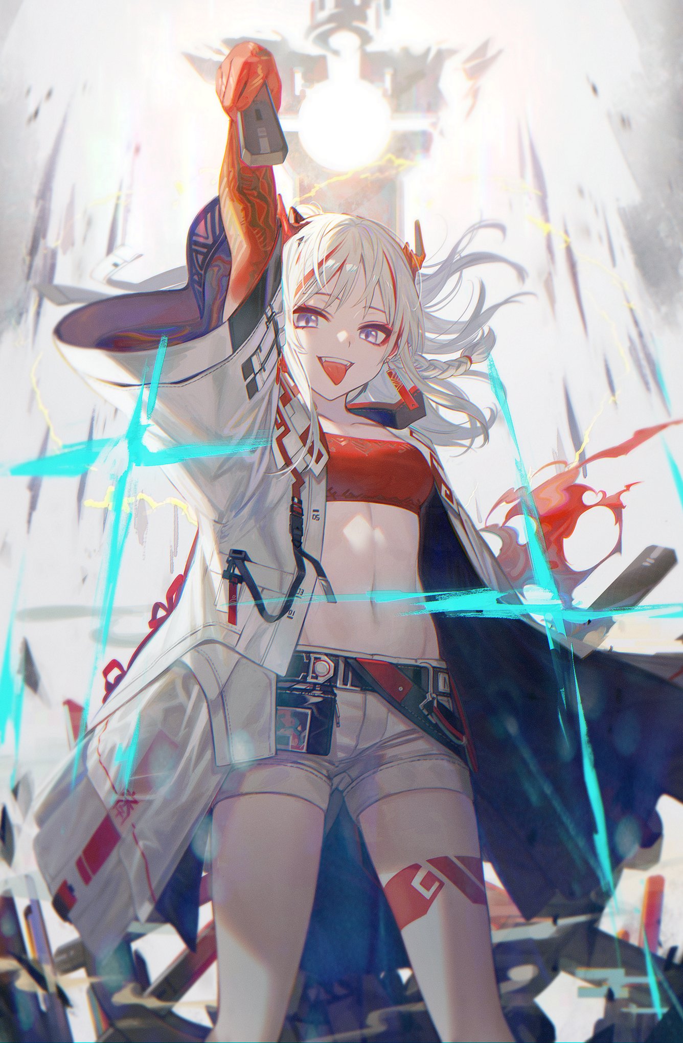 1girl :d :p arknights arm_up bandeau bangs braid breasts coat collarbone colored_skin commentary_request cowboy_shot earrings highres holding horns jewelry ji_mag_(artist) long_hair long_sleeves looking_at_viewer midriff multicolored_hair navel nian_(arknights) open_clothes open_coat open_mouth red_bandeau red_skin redhead shorts small_breasts smile solo standing stomach strapless streaked_hair teeth tongue tongue_out tubetop violet_eyes white_coat white_hair white_shorts wide_sleeves