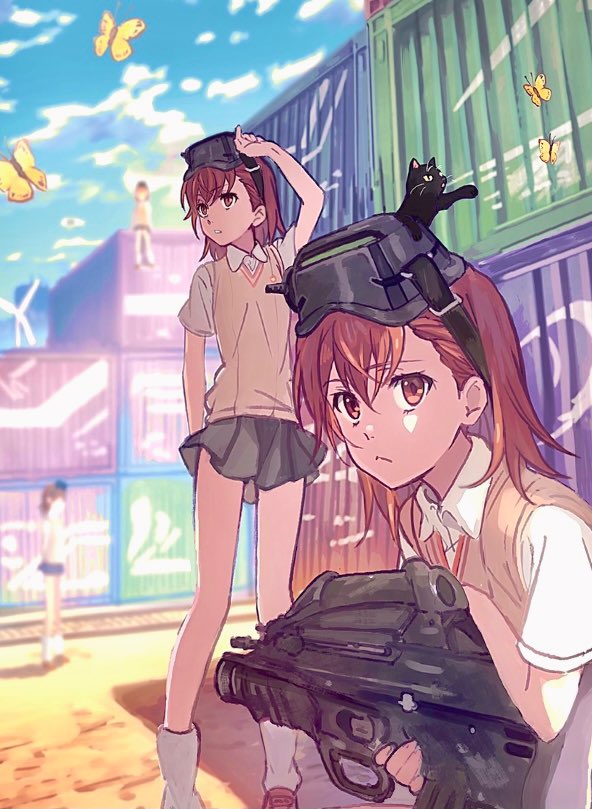 4girls assault_rifle asshuku blue_sky brown_eyes brown_footwear brown_hair bug bullpup butterfly clouds commentary_request day fn_f2000 grey_shirt gun head_mounted_display insect loose_socks misaka_imouto multiple_girls outdoors rifle school_uniform shipping_container shirt short_hair sky sweater_vest toaru_kagaku_no_railgun toaru_majutsu_no_index tokiwadai_school_uniform weapon white_legwear