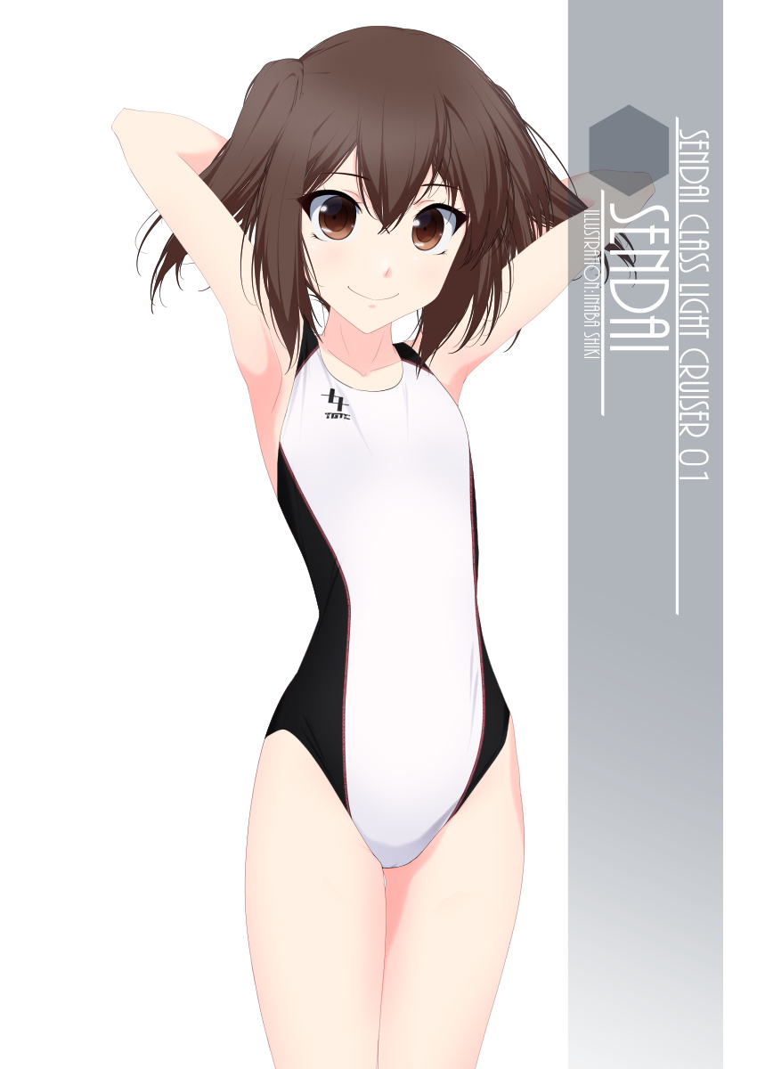 1girl arms_behind_head artist_name brown_eyes brown_hair character_name competition_swimsuit cowboy_shot flat_chest highres inaba_shiki kantai_collection looking_at_viewer one-hour_drawing_challenge one-piece_swimsuit sendai_(kancolle) short_hair simple_background smile solo standing swimsuit two_side_up white_background