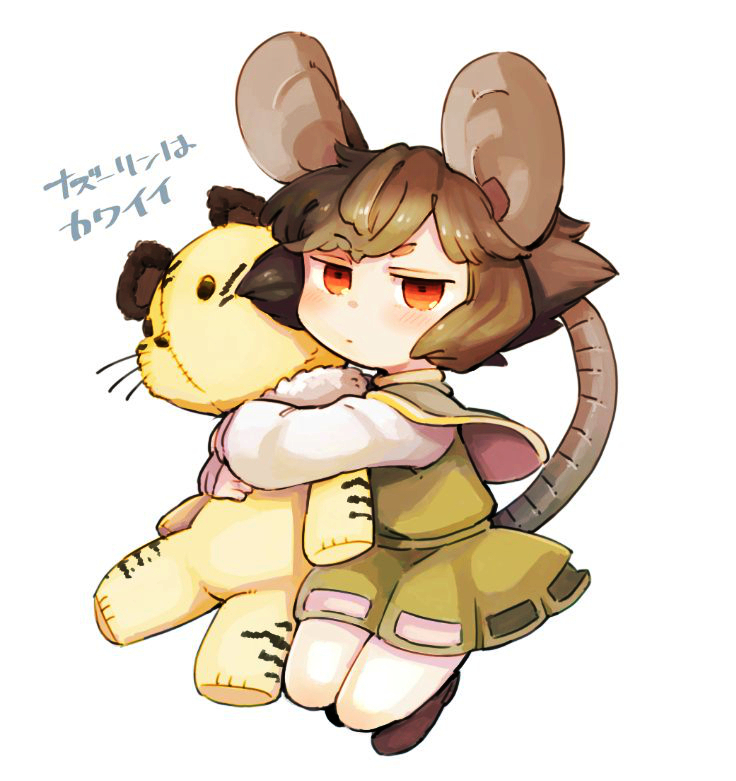 animal_ears capelet commentary_request daitai_konna_kanji doll_hug dress full_body grey_dress grey_hair jitome long_sleeves looking_at_viewer mouse_ears mouse_tail nazrin red_eyes shirt shoes short_hair simple_background stuffed_animal stuffed_tiger stuffed_toy tail touhou translated white_background white_shirt