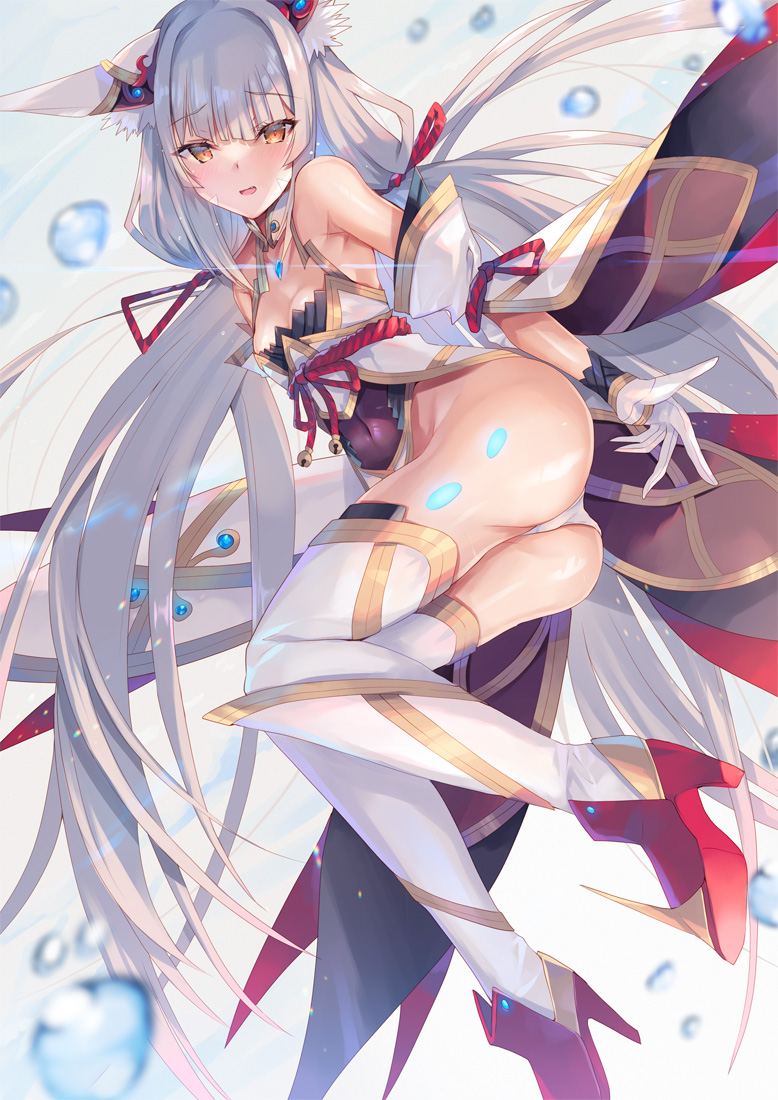 1girl animal_ears ass bangs bare_shoulders blush breasts chest_jewel detached_sleeves facial_mark highleg highleg_leotard hinot legs leotard long_hair looking_at_viewer low_twintails nia_(blade)_(xenoblade) nia_(xenoblade) open_mouth silver_hair small_breasts smile thigh-highs twintails very_long_hair xenoblade_chronicles_(series) xenoblade_chronicles_2 yellow_eyes