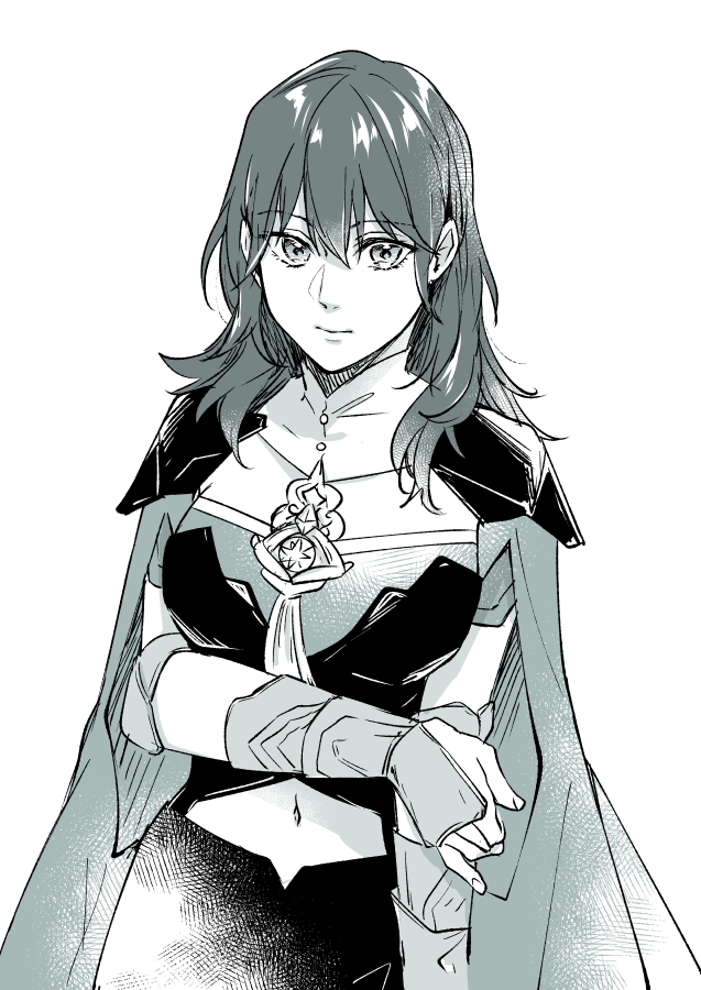 1girl bangs byleth_(fire_emblem) byleth_eisner_(female) cape closed_mouth eyebrows_visible_through_hair fire_emblem fire_emblem:_three_houses greyscale hair_between_eyes long_hair looking_at_viewer midriff monochrome navel nishinishihigas simple_background solo standing stomach white_background