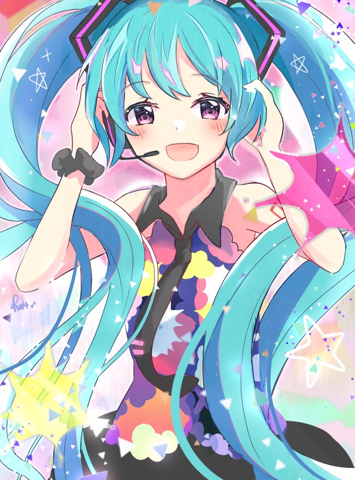 1girl aoiyui aqua_hair black_neckwear black_skirt blush commentary hair_ornament hands_on_headphones hands_up hatsune_miku headphones headset long_hair looking_at_viewer multicolored multicolored_clothes necktie open_mouth scrunchie skirt smile solo star_(symbol) tell_your_world_(vocaloid) triangle twintails upper_body very_long_hair violet_eyes vocaloid wrist_scrunchie