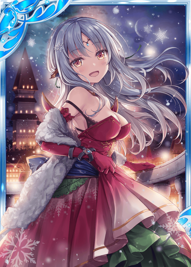 1girl :d akkijin balcony blue_ribbon bra breasts christmas dress elbow_gloves frilled_dress frills gloves large_breasts looking_at_viewer night night_sky official_art open_mouth oracle_(shinkai_no_valkyrie) orange_eyes outdoors red_dress red_gloves ribbed_dress ribbon shinkai_no_valkyrie silver_hair sky smile snowflakes snowing tiara town underwear