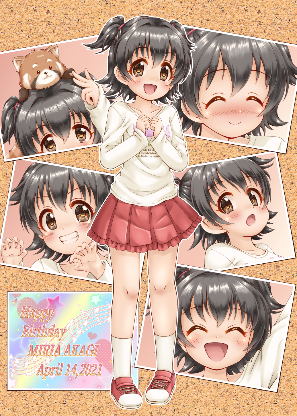 1girl :d ^_^ akagi_miria animal_on_head bangs beamed_eighth_notes black_hair blush brown_eyes character_name closed_eyes closed_mouth commentary_request dated eighth_note eyebrows_visible_through_hair frilled_skirt frills grin hair_between_eyes happy_birthday highres idolmaster idolmaster_cinderella_girls long_sleeves multiple_views musical_note nose_blush on_head open_mouth photo_(object) pleated_skirt quarter_note raccoon red_footwear red_skirt regular_mow shirt shoes skirt smile socks two_side_up white_legwear white_shirt