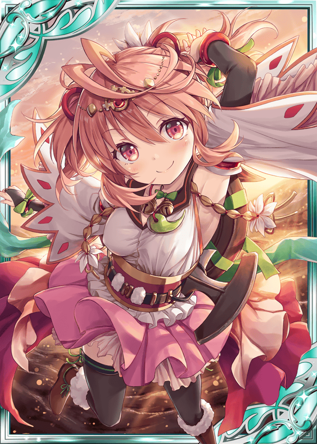 1girl akkijin armpits bell black_gloves boots breasts brown_hair fingerless_gloves frilled_skirt frills gloves green_ribbon hair_ornament japanese_clothes jewelry jingle_bell looking_at_viewer medium_breasts necklace official_art pink_skirt red_eyes ribbon shinkai_no_valkyrie short_hair skirt sunset tagirihime_(shinkai_no_valkyrie) thigh-highs
