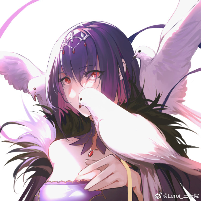 1girl bad_id bad_link belt bird breasts coat fate/grand_order fate_(series) hair_ornament jewelry long_hair looking_at_viewer necklace pigeon purple_hair red_eyes reroi scathach_(fate)_(all) scathach_skadi_(fate) simple_background solo upper_body watermark white_background white_bird