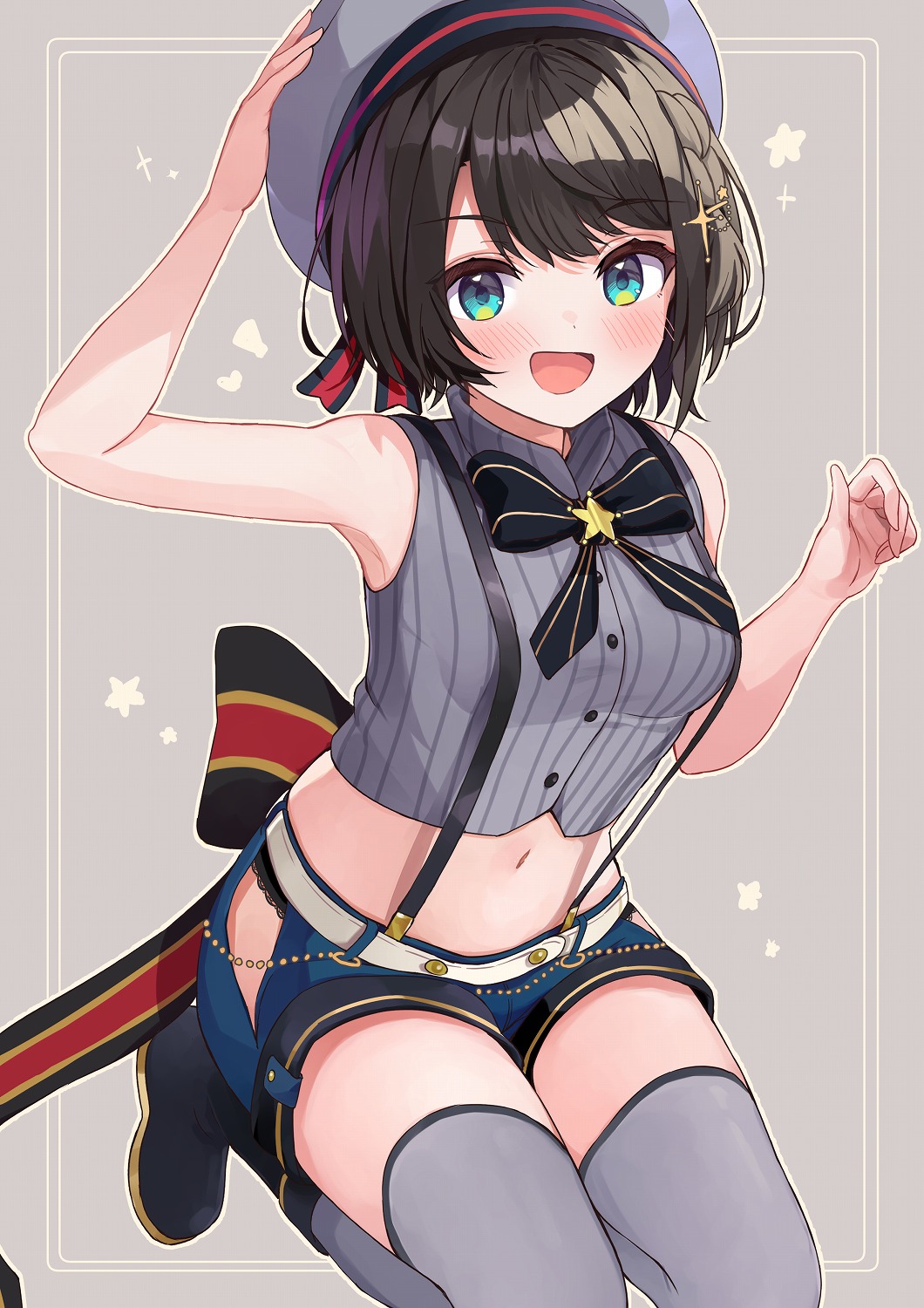 1girl :d arm_up bangs bare_arms bare_shoulders beret black_bow black_footwear black_hair black_panties blue_eyes blue_shorts blush boots bow breasts collared_shirt commentary_request crop_top eyebrows_visible_through_hair grey_background grey_headwear grey_legwear grey_shirt hand_on_headwear hat highres hololive lace-trimmed_panties lace_trim looking_at_viewer midriff navel oozora_subaru open_mouth panties racchi. shirt short_shorts shorts side_slit sleeveless sleeveless_shirt small_breasts smile solo star_(symbol) striped striped_bow striped_shirt thigh-highs thighhighs_under_boots underwear vertical-striped_shirt vertical_stripes virtual_youtuber