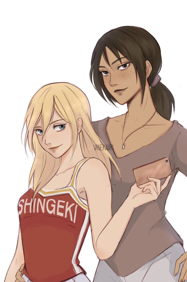 2girls black_hair blonde_hair blue_eyes blush brown_hair cheerleader christa_renz closed_eyes couple freckles greyscale hair_between_eyes long_hair looking_at_viewer monochrome multiple_girls open_mouth shingeki_no_kyojin short_hair simple_background smile vanekairi ymir_(shingeki_no_kyojin) yuri