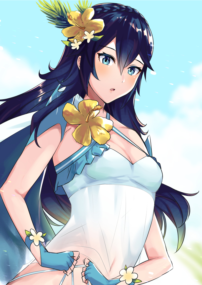 1girl alternate_costume ameno_(a_meno0) blue_eyes blue_hair breasts dressing fingerless_gloves fire_emblem fire_emblem_awakening fire_emblem_heroes flower gloves hair_flower hair_ornament long_hair looking_at_viewer lucina_(fire_emblem) open_mouth small_breasts solo swimsuit symbol-shaped_pupils veil white_swimsuit