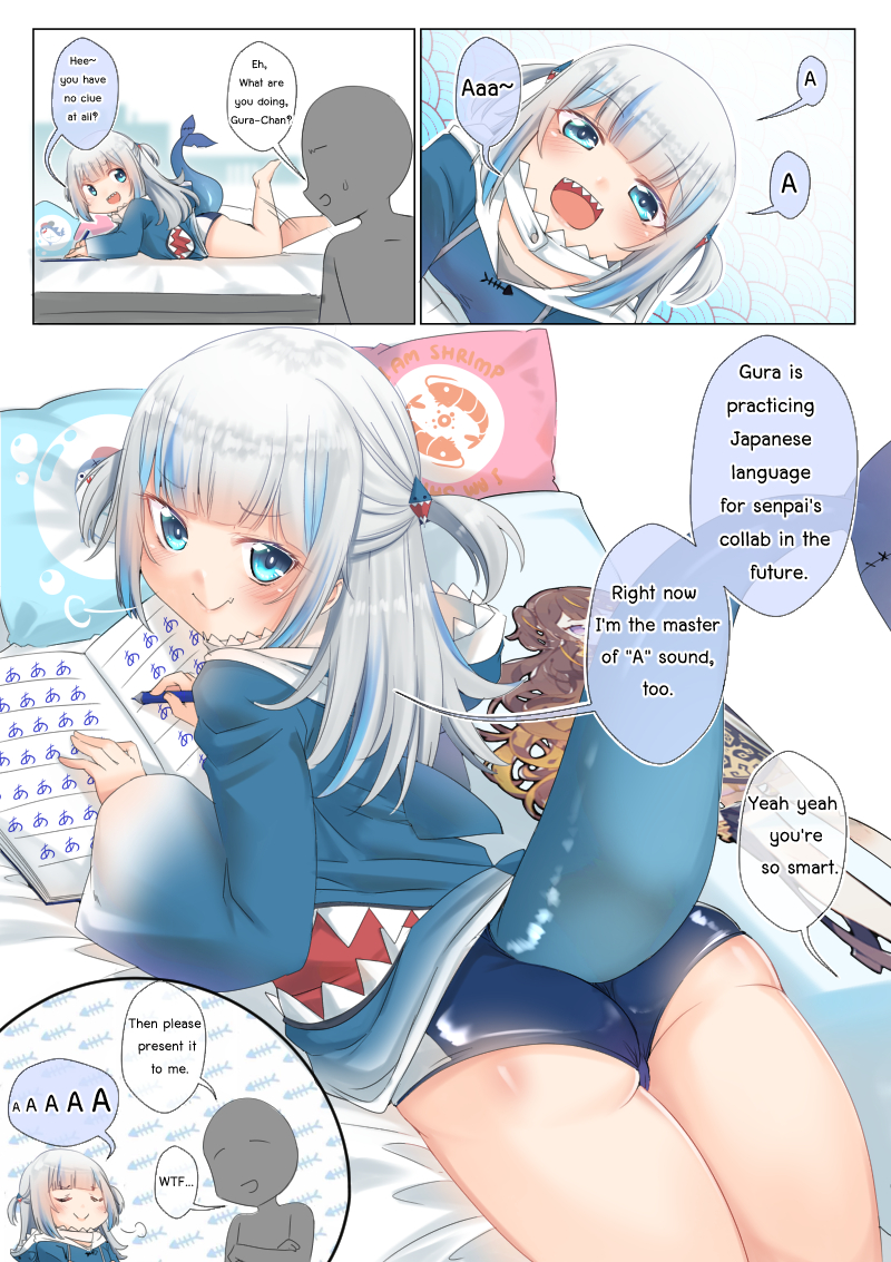 1boy 1girl animal_costume animal_hood anya_melfissa ass bangs bloop_(gawr_gura) blue_eyes blue_hair blue_hoodie blunt_bangs clothed_female_nude_male dakimakura_(object) english_text engrish_text faceless faceless_male fang fish_tail gawr_gura hair_ornament hololive hololive_english hololive_indonesia hood hoodie long_sleeves medium_hair multicolored_hair nude pillow ranguage sesield shark_costume shark_girl shark_hair_ornament shark_hood shark_tail sharp_teeth shrimp silver_hair skin_fang streaked_hair swimsuit swimsuit_under_clothes swimwear tail teeth two_side_up virtual_youtuber wavy_hair wide_sleeves