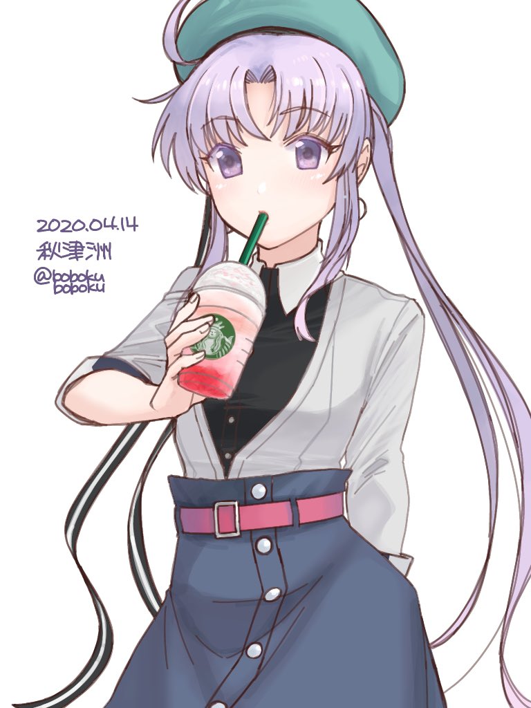 1girl akitsushima_(kancolle) belt beret black_shirt blazer bobokuboboku character_name commentary_request contrapposto cowboy_shot dated drinking_straw green_headwear grey_skirt hat jacket kantai_collection long_hair looking_at_viewer official_alternate_costume one-hour_drawing_challenge pink_belt purple_hair shirt simple_background skirt solo starbucks twitter_username violet_eyes white_background white_jacket