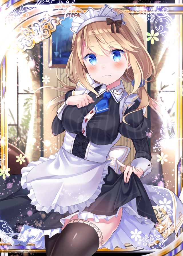 1girl apron black_legwear blonde_hair blue_eyes breasts brown_ribbon collaboration falkyrie_no_monshou hair_ribbon indoors looking_at_viewer maid maid_headdress medium_breasts official_art ribbon shinkai_no_valkyrie thigh-highs twintails white_ribbon yuraiko