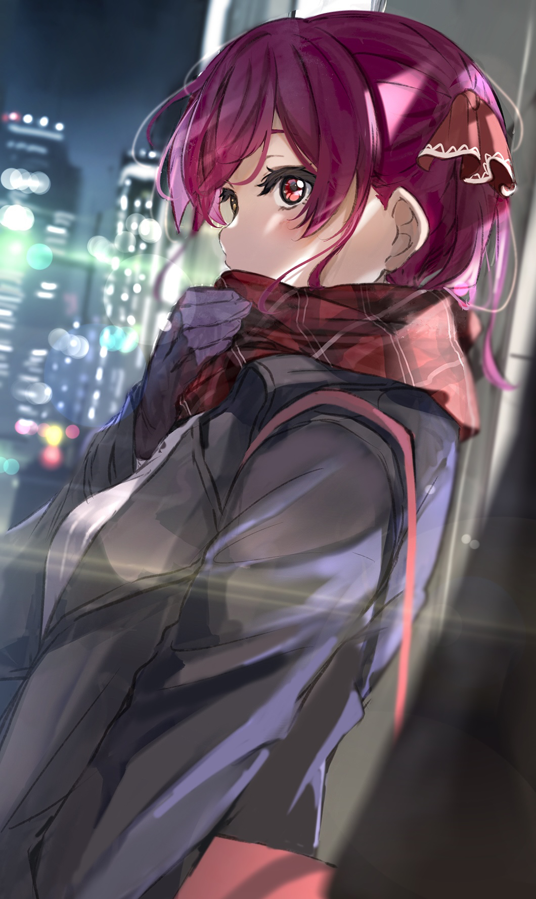 1girl bag black_jacket breasts building city_lights cityscape covering_mouth facing_to_the_side gloves hair_ribbon heterochromia highres hololive houshou_marine icehotmilktea jacket lights long_hair looking_at_viewer medium_breasts night plaid plaid_scarf red_eyes red_neckwear redhead ribbon scarf shoulder_bag sidelocks skyscraper solo upper_body virtual_youtuber yellow_eyes