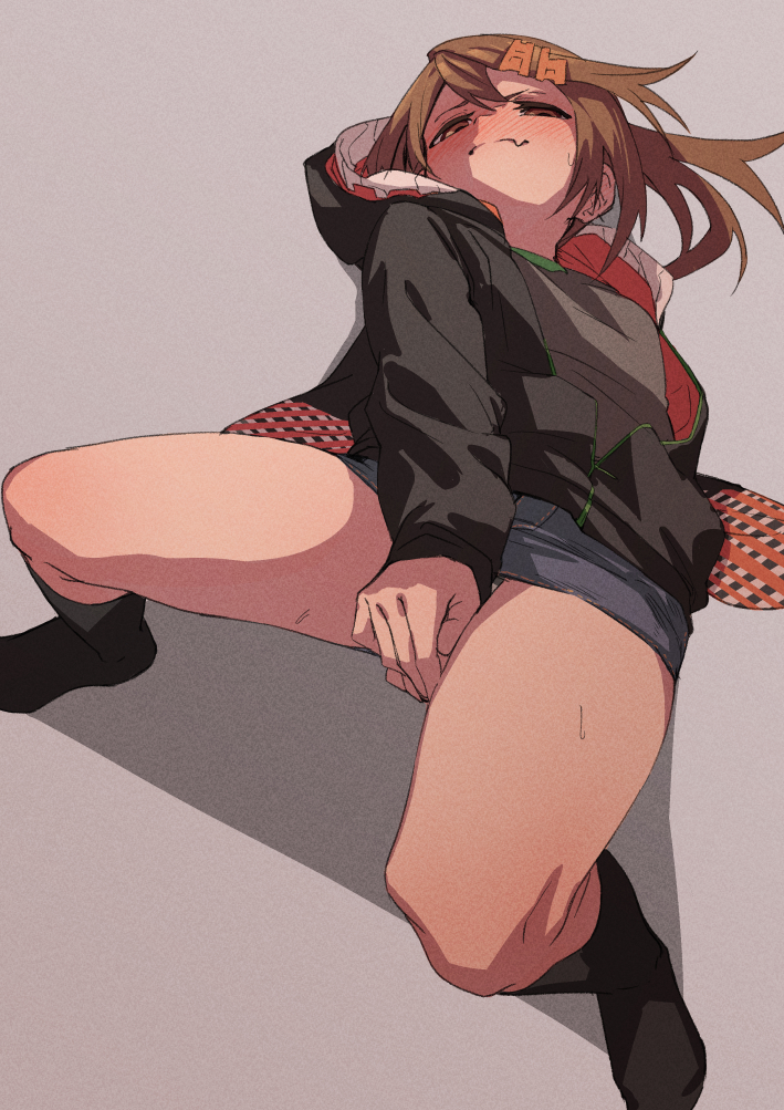 1girl black_jacket black_legwear blush brown_eyes brown_hair denim denim_shorts denim_skirt eyebrows food_themed_hair_ornament fu-ta hair_between_eyes hair_ornament hairclip jacket long_hair orange_hair_ornament original panties panty_peek ponytail shorts skirt solo striped striped_panties thighs underwear usami_taiga