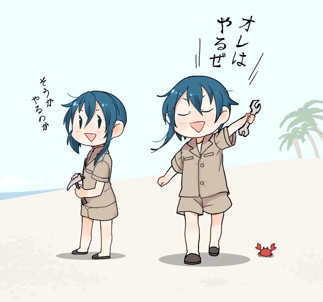 2girls animal annin_musou asymmetrical_hair blue_hair blush brown_shorts buttons closed_eyes crab fairy_(kancolle) hair_between_eyes holding holding_wrench kantai_collection long_hair multiple_girls open_mouth palm_tree shadow short_sleeves shorts smile standing tree wrench