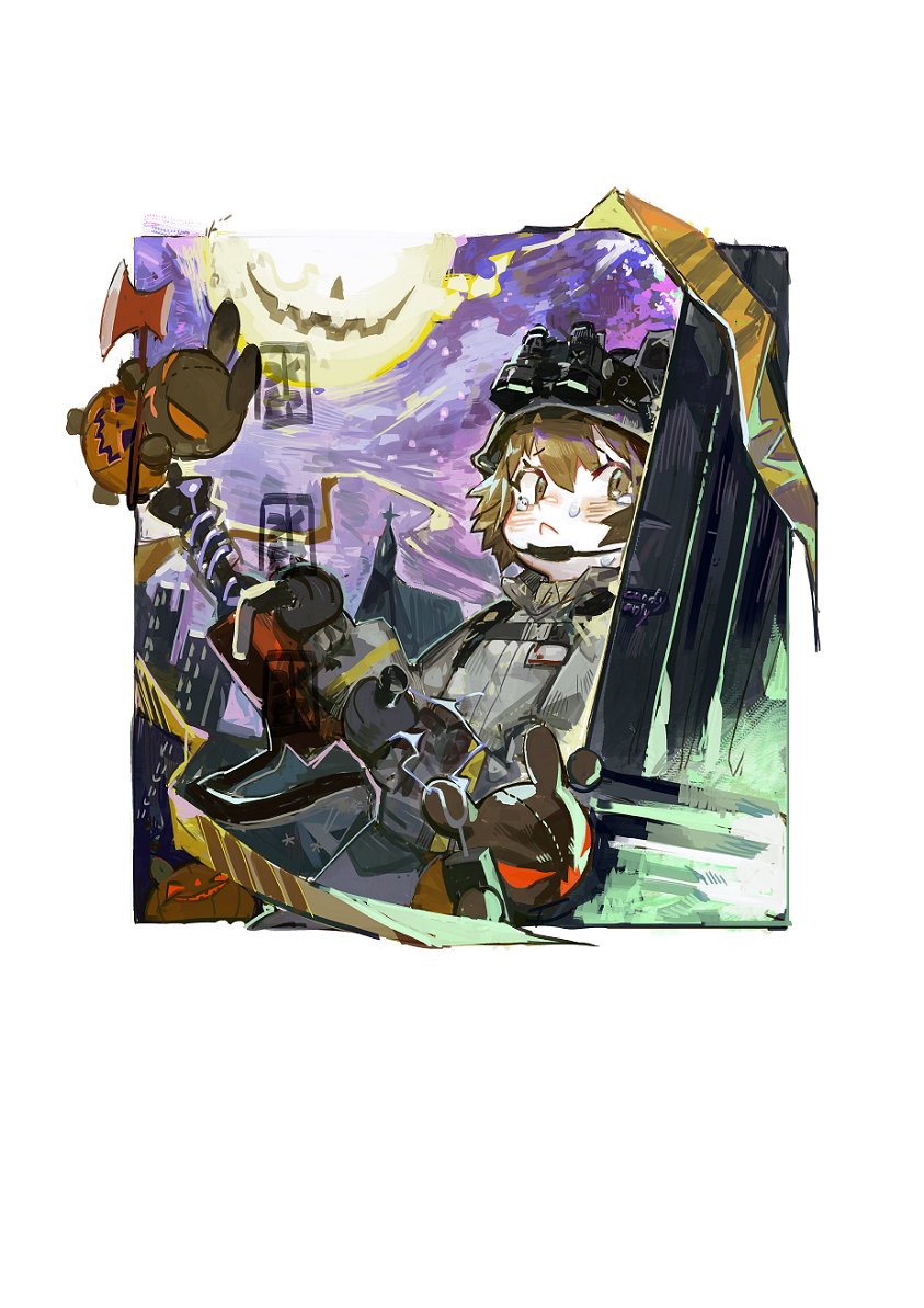 1girl animal_ears_helmet arknights axe blush brown_eyes brown_hair chest_strap chin_strap church coat framed grey_coat helmet holding holding_weapon jack-o'-lantern looking_at_viewer moon outdoors outside_border pipidan purple_sky shaw_(arknights) shaw_(cleansweeper_in_the_castle)_(arknights) short_hair solo stuffed_animal stuffed_bunny stuffed_toy symbol_commentary tears weapon