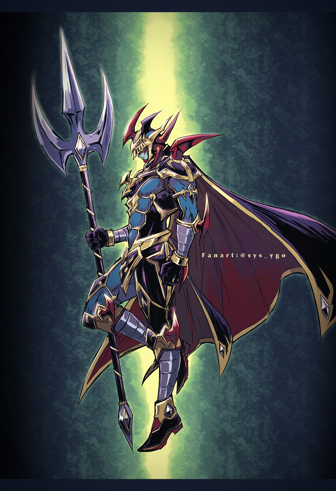 1boy armor artist_name black_gloves boots cape character_request clenched_hand closed_mouth colored_skin commentary_request duel_monster from_side gloves green_skin highres holding holding_weapon male_focus purple_cape solo soya_(sys_ygo) spikes watermark weapon yu-gi-oh!